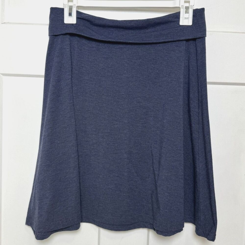 Blue Heathered Knit Skater Skirt Fit Flare Stretch Foldover Waist Womens S - Y2K